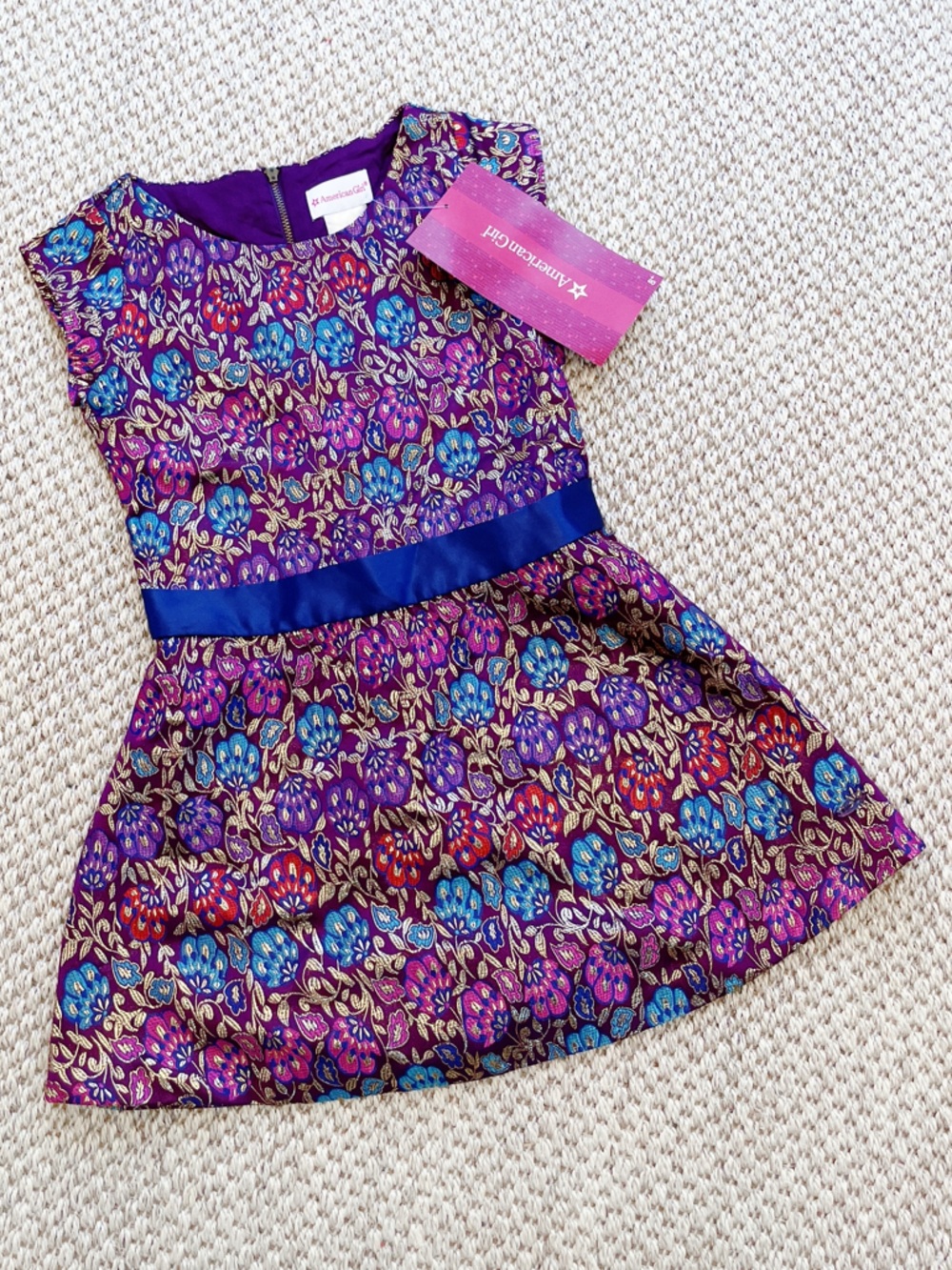 American Girl Purple Floral Fit-and-Flare Dress with Blue Sash